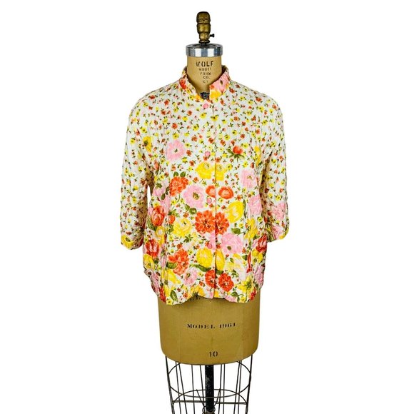 Vintage 60s Short Robe Women's Large Floral Print Quilted Satin Jacket Pajamas